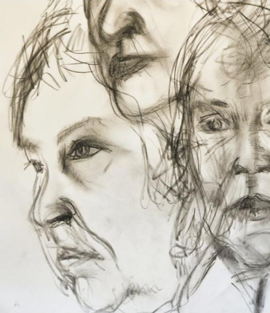 Overlapping portrait studies in charcoal, drawn with blind drawing technique